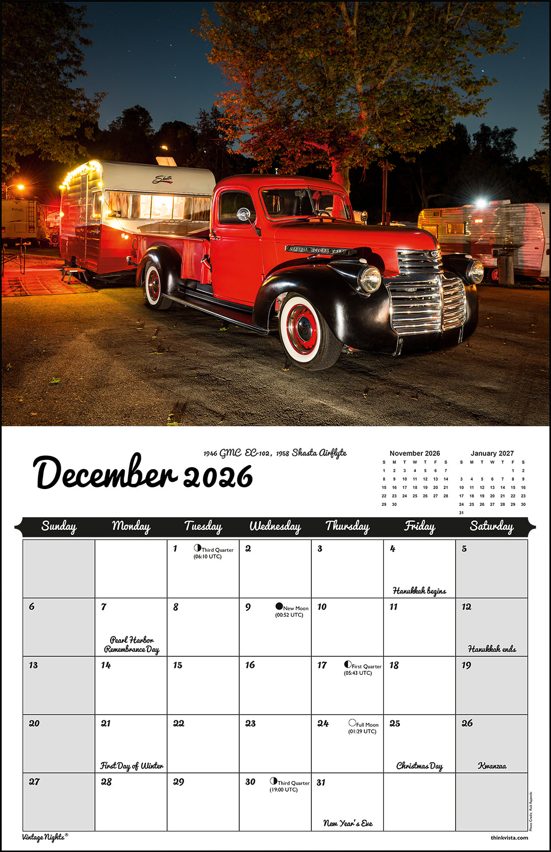 WALL CALENDAR - "Vintage Nights® 2026" of Vintage Tow Vehicles