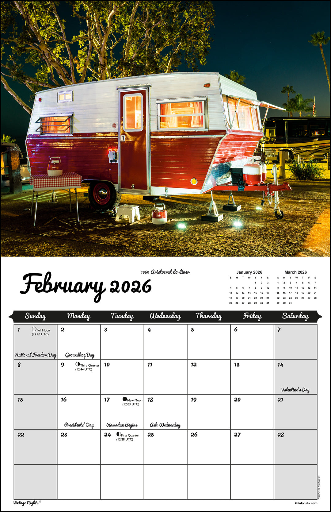 WALL CALENDAR - "Vintage Nights 2026" of Vintage Travel Trailers