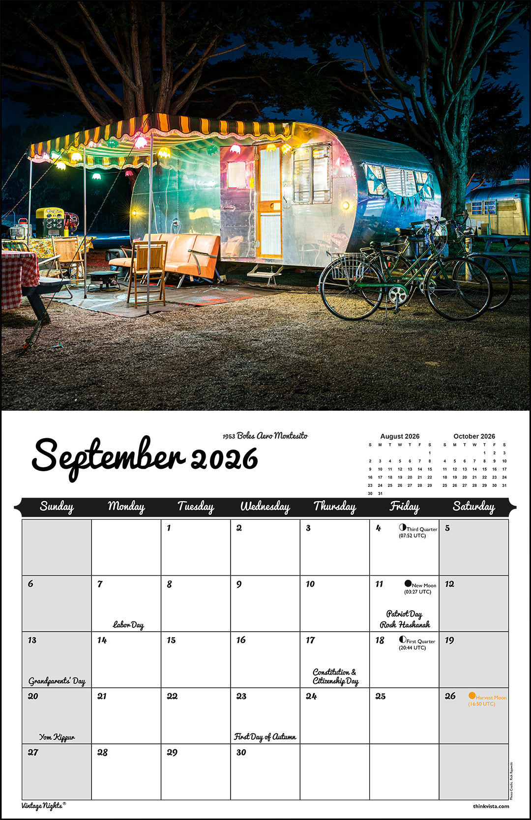 WALL CALENDAR - "Vintage Nights 2026" of Vintage Travel Trailers