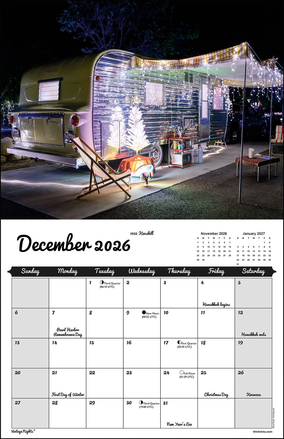 WALL CALENDAR - "Vintage Nights 2026" of Vintage Travel Trailers